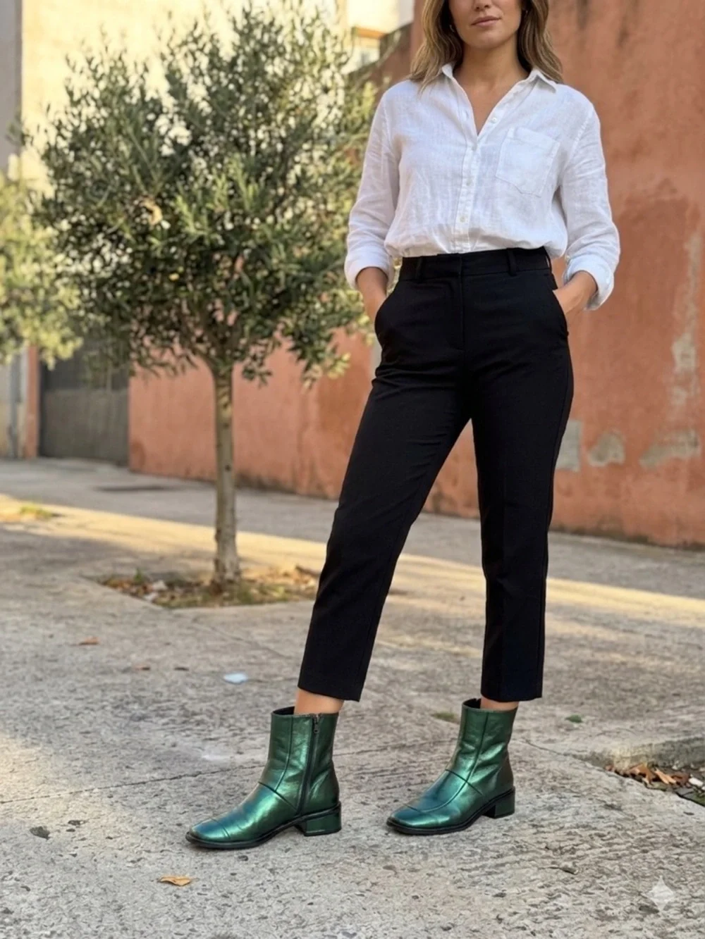 L-Intervalle Metallic Emerald‎ Green Stitched Ankle Boots Low Block Heel Zipper